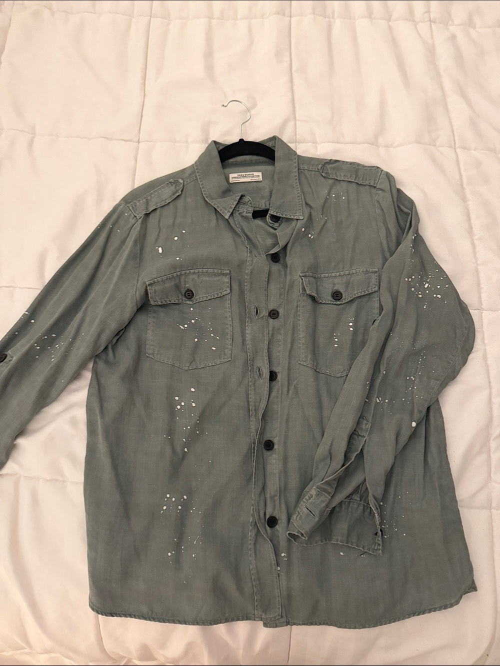 Zara Washed Olive Utility Shirt Jacket with Paint-Splatter